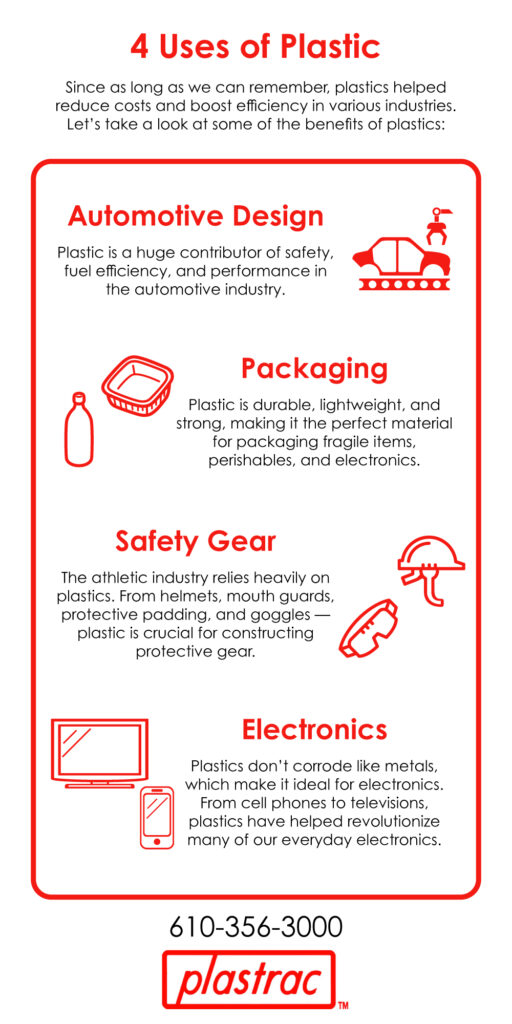 Infographic listing four uses for plastics with description and images.